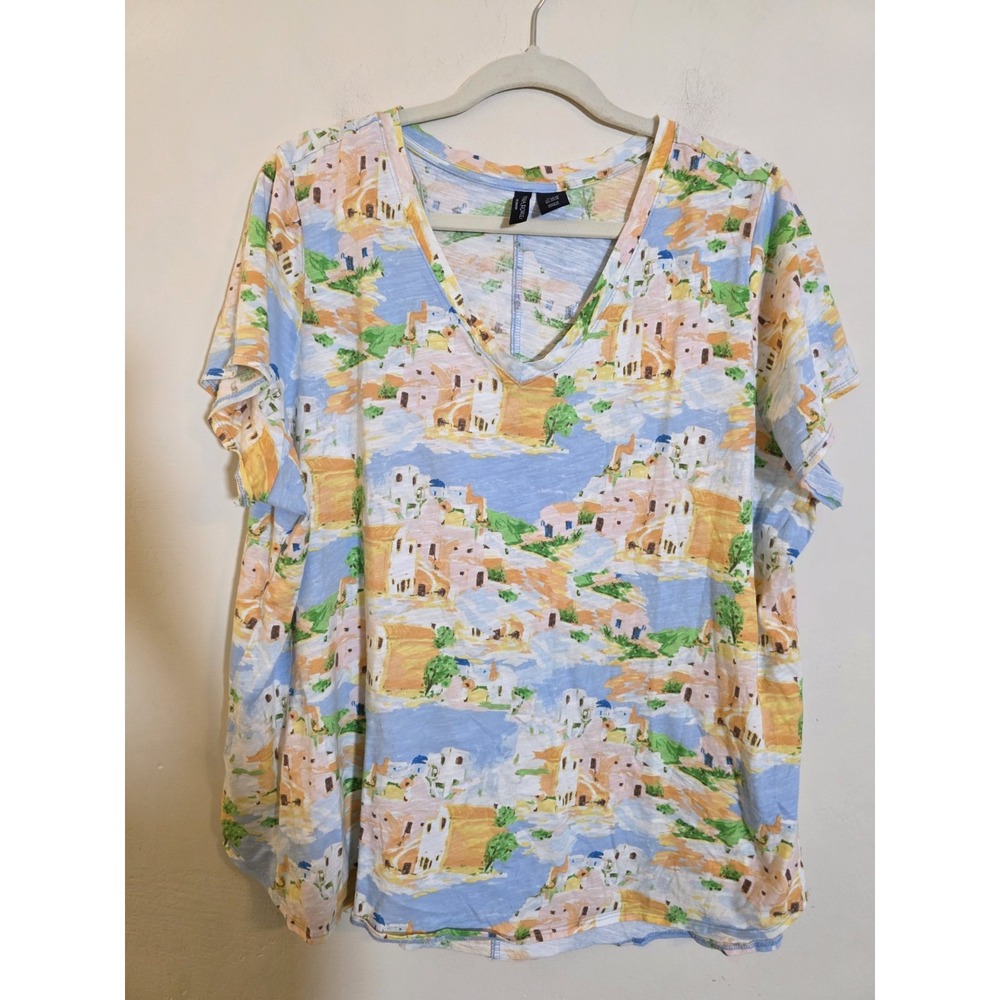 Cynthia Rowley Woman 2X Cotton Mediterranean Scenic Print V-Neck Tee Blue Orange